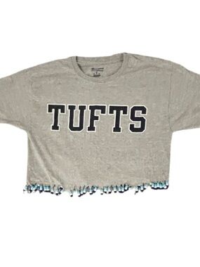 Tufts University Champion Grey Cropped Tee with Beaded Fringe. Size: Medium